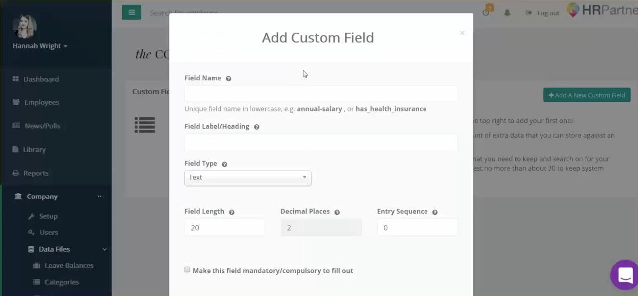 HR Partner Software - Create and edit custom fields