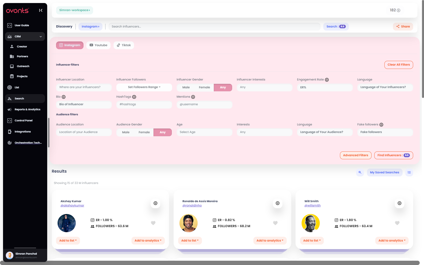 Ovonts screenshot: Ovonts influencer discovery