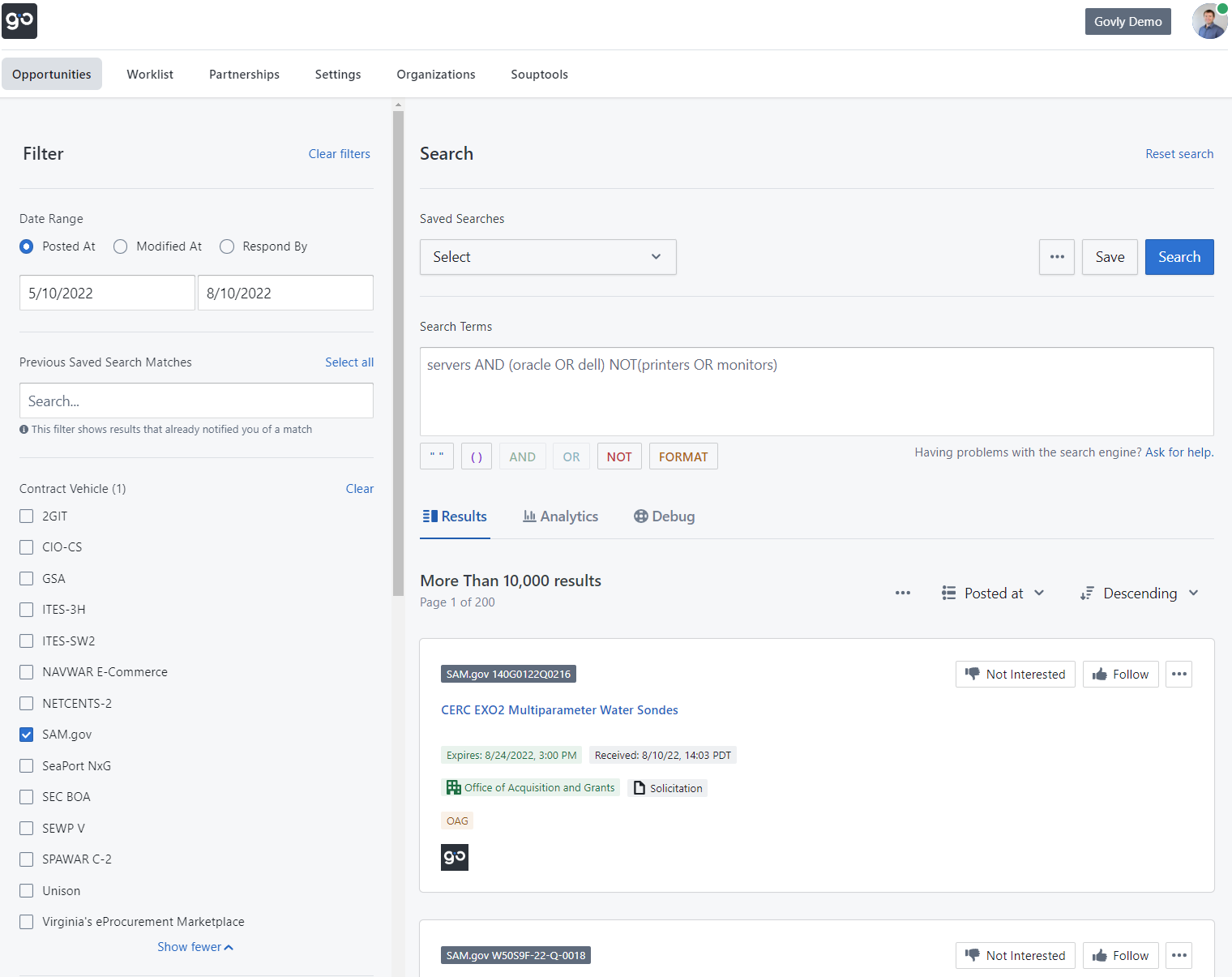 Govly screenshot: Govly opportunity dashboard