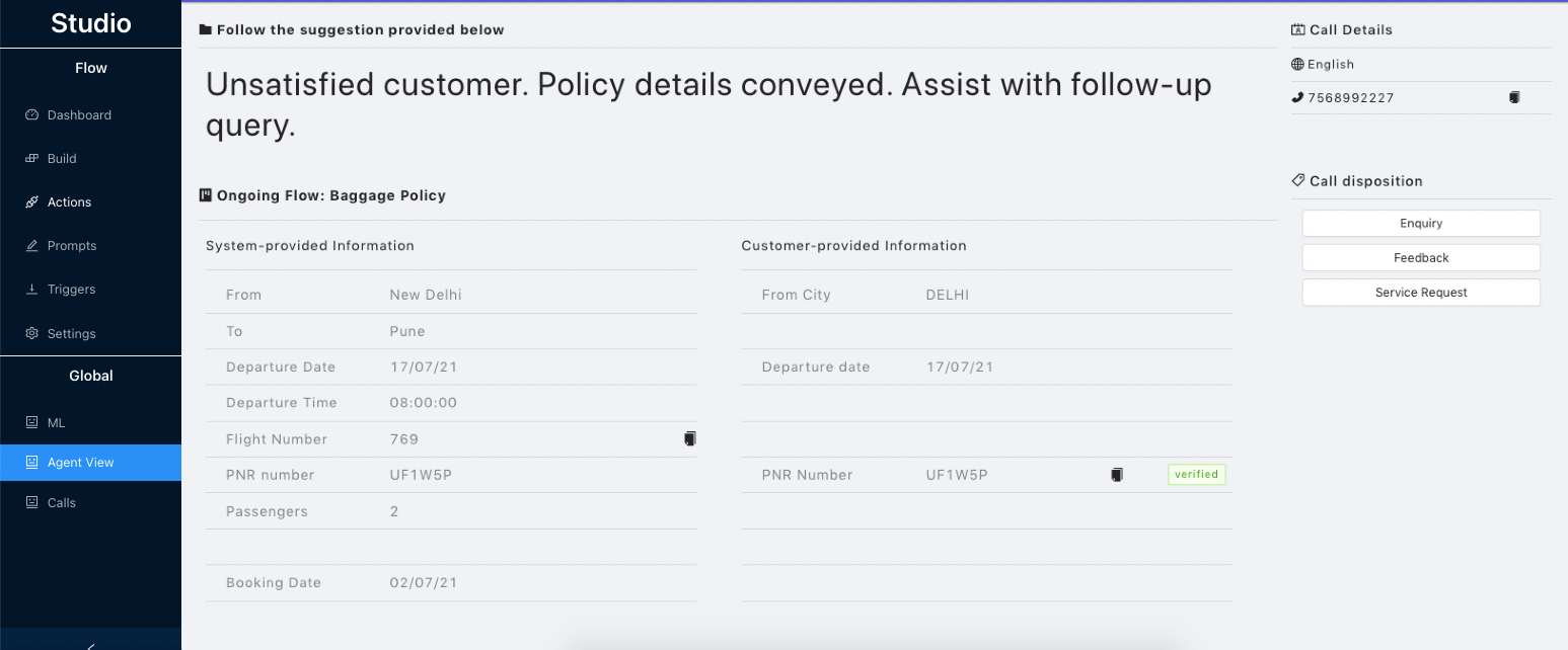 Agent Assist Portal: Agent side dashboard which gives view of conversation of customer with voice-bot for context setting and improved customer experience.