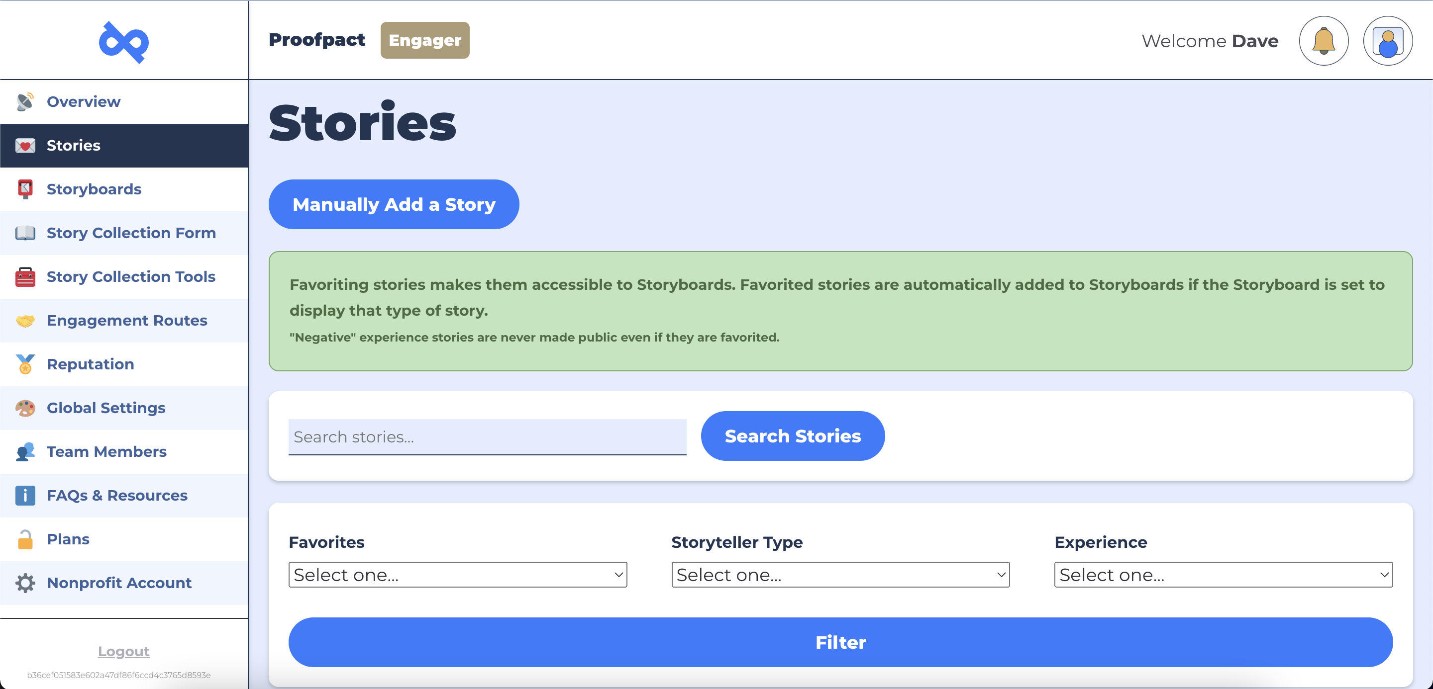 All of your nonprofit's stories in one dashboard! Easily search, filter, and find just the right story.