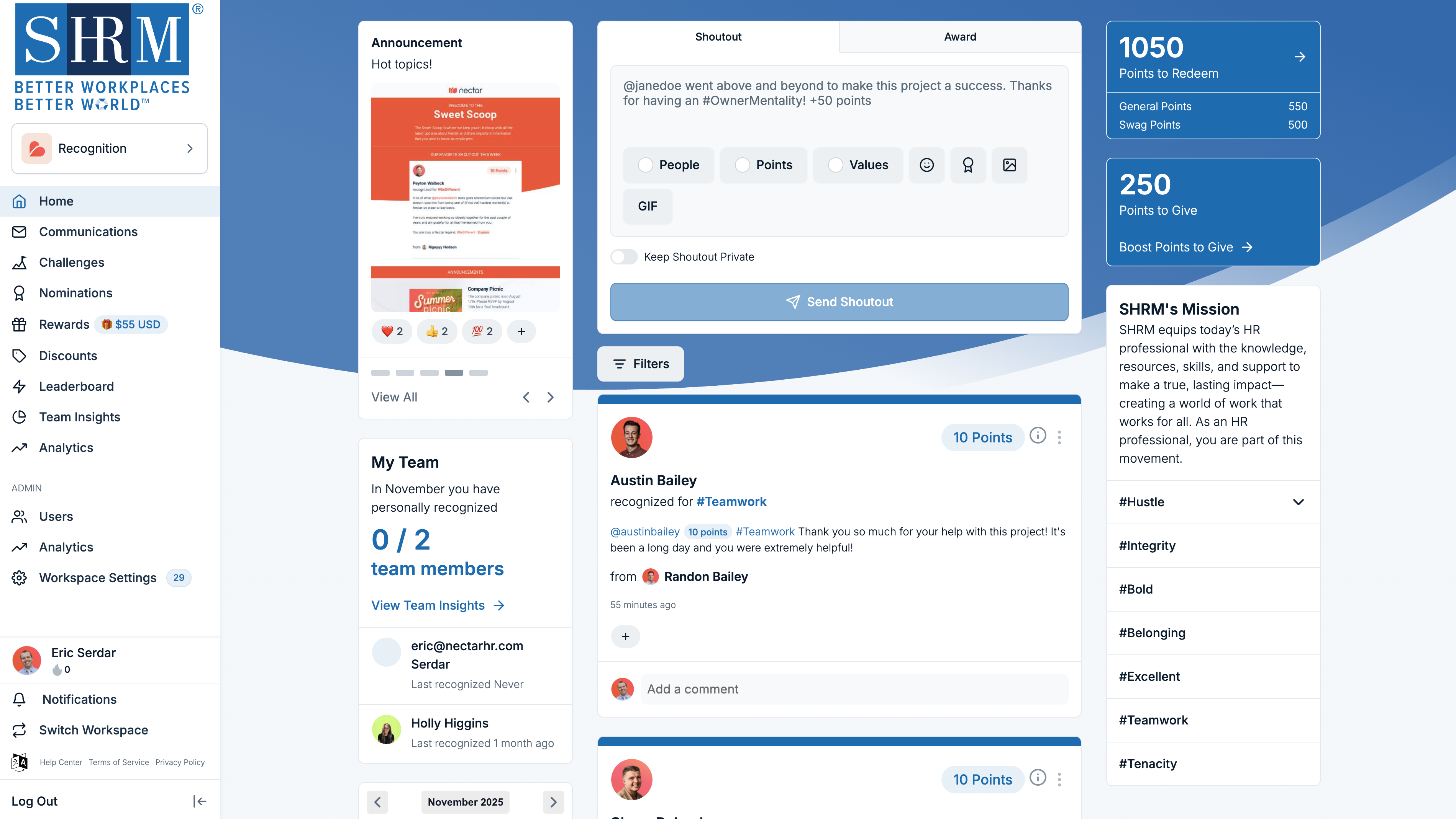 Nectar Software - The Nectar homepage gives you a clear view of what’s happening across your company — send recognition, see recent shoutouts, check your points balance, and stay connected to your team’s wins.