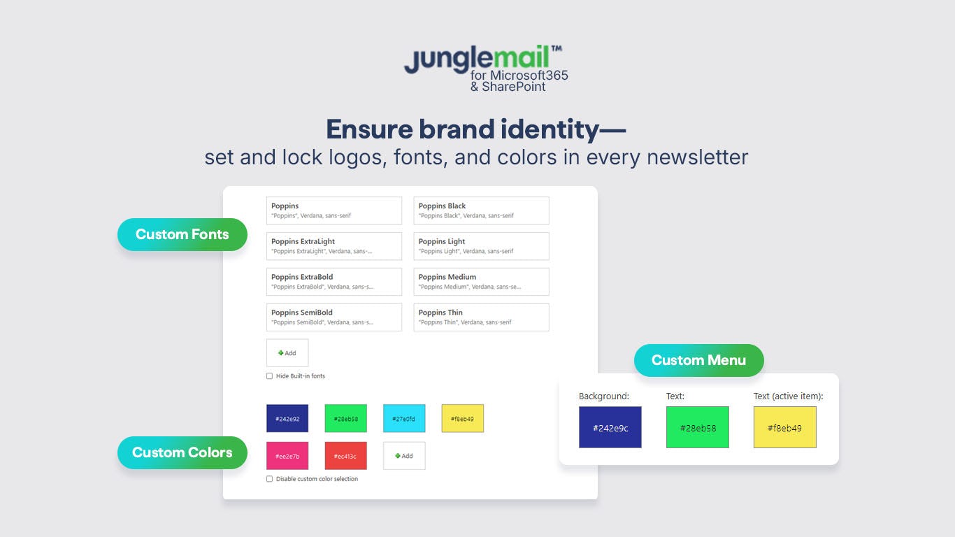 JungleMail Software - Preserve brand identity with consistent settings: secure fonts, colors, and logos.