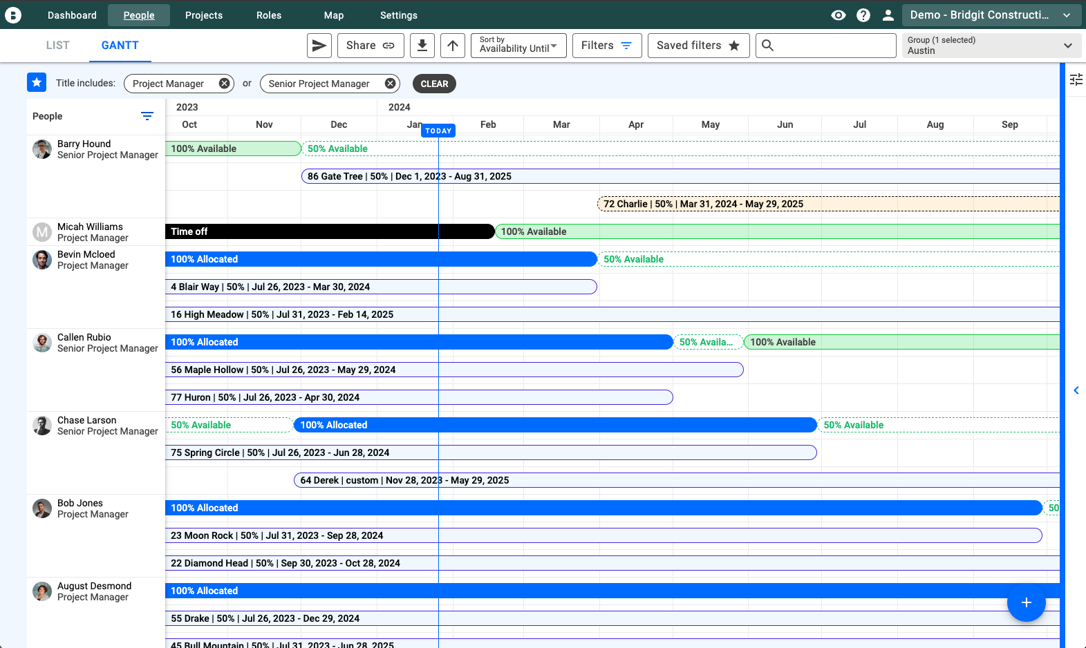 Do you prefer to look at people and their respective projects? No problem. The People Gantt in Bridgit Bench helps provide assignment information and utilization insights. Quickly sort or filter by availability to find underutilized team members.