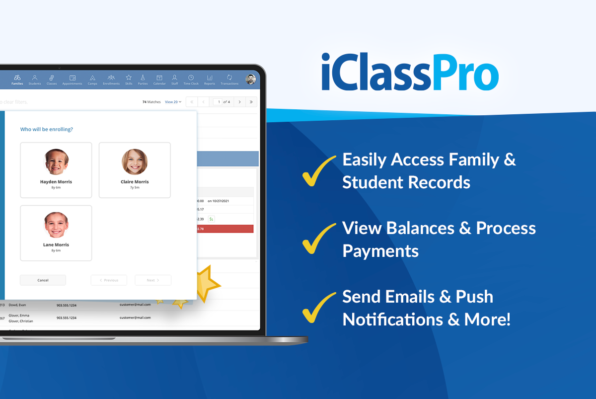 iClassPro Family and Student Records: Easy-to-use staff portal for accessing balances, processing payments, enrollments, skills progress, and more! Use filters to email, send push notification, and send voice broadcast to selected family's.