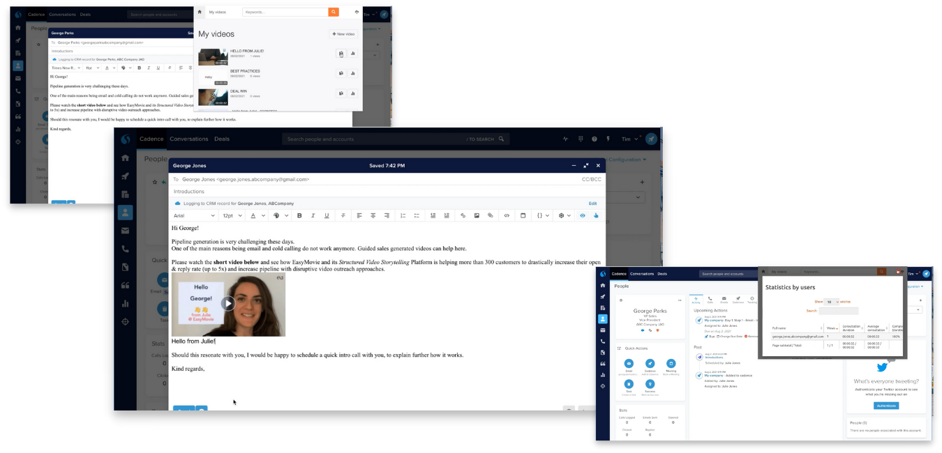 EasyMovie screenshot: Add videos to your sales cadences and track your results with our integrations with Salesforce, Outreach, SalesLoft, and more.