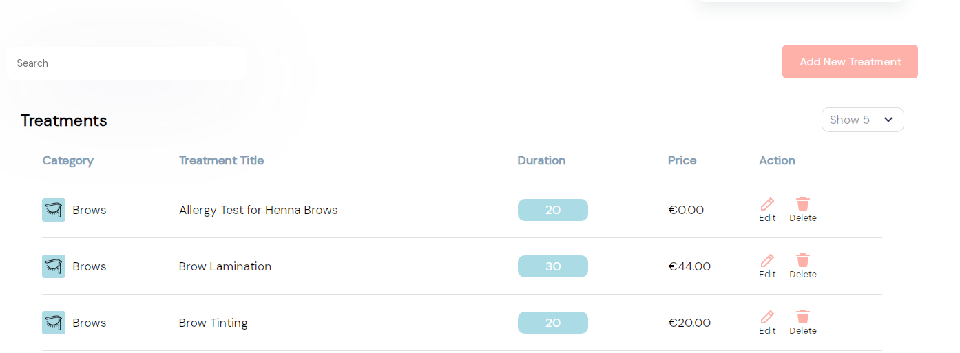 Bookitu screenshot: Bookitu treatments