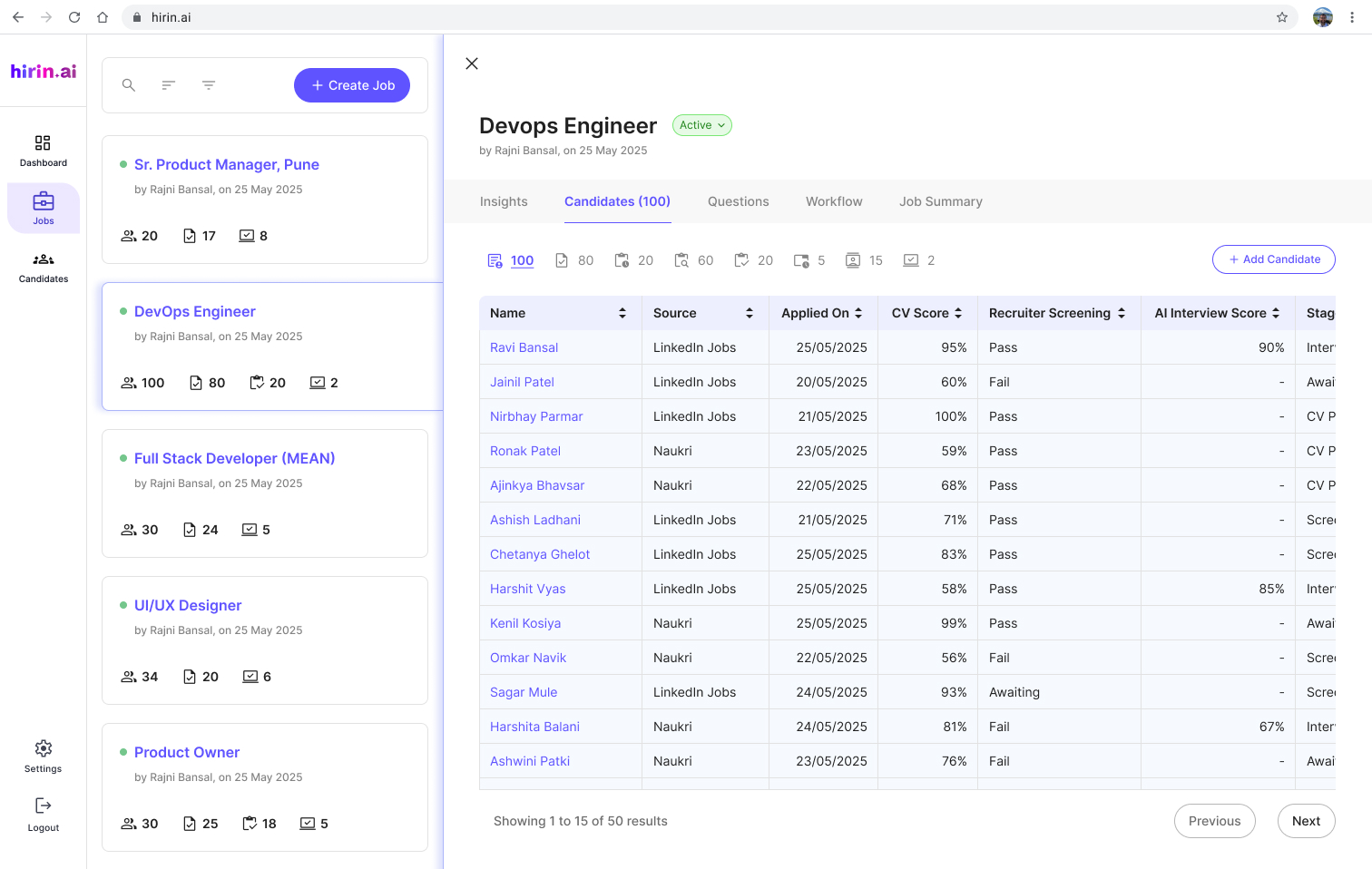 Hirin screenshot: Hirin track and assess candidates —see application source, applied date, JD-based CV score, screening result, AI interview score, and current stage. Filter by open positions to manage every role’s pipeline with clarity and speed.