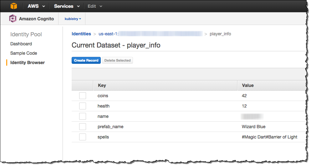 Amazon Cognito screenshot: Amazon Cognito identity browser