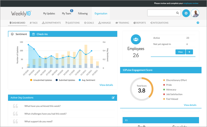 Zensai Human Success Platform Software - Early trend visibility for leaders. Weekly10 check-ins power AI analytics to compare sentiment & engagement across time periods, functions,  geographies or other groupings, giving you metrics that you can measure and impact.