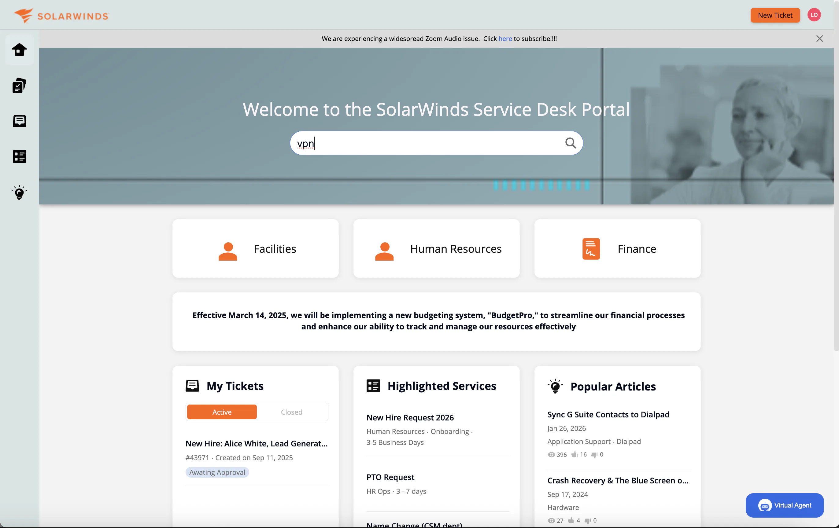 SolarWinds Service Desk Software - SolarWinds Drag-and-drop Service Portal and Enterprise Service Management (ESM) — Unify your enterprise with a single self-service portal for IT, HR, Facilities, and Legal. Give employees a modern one-stop shop to submit requests and find answers easily.
