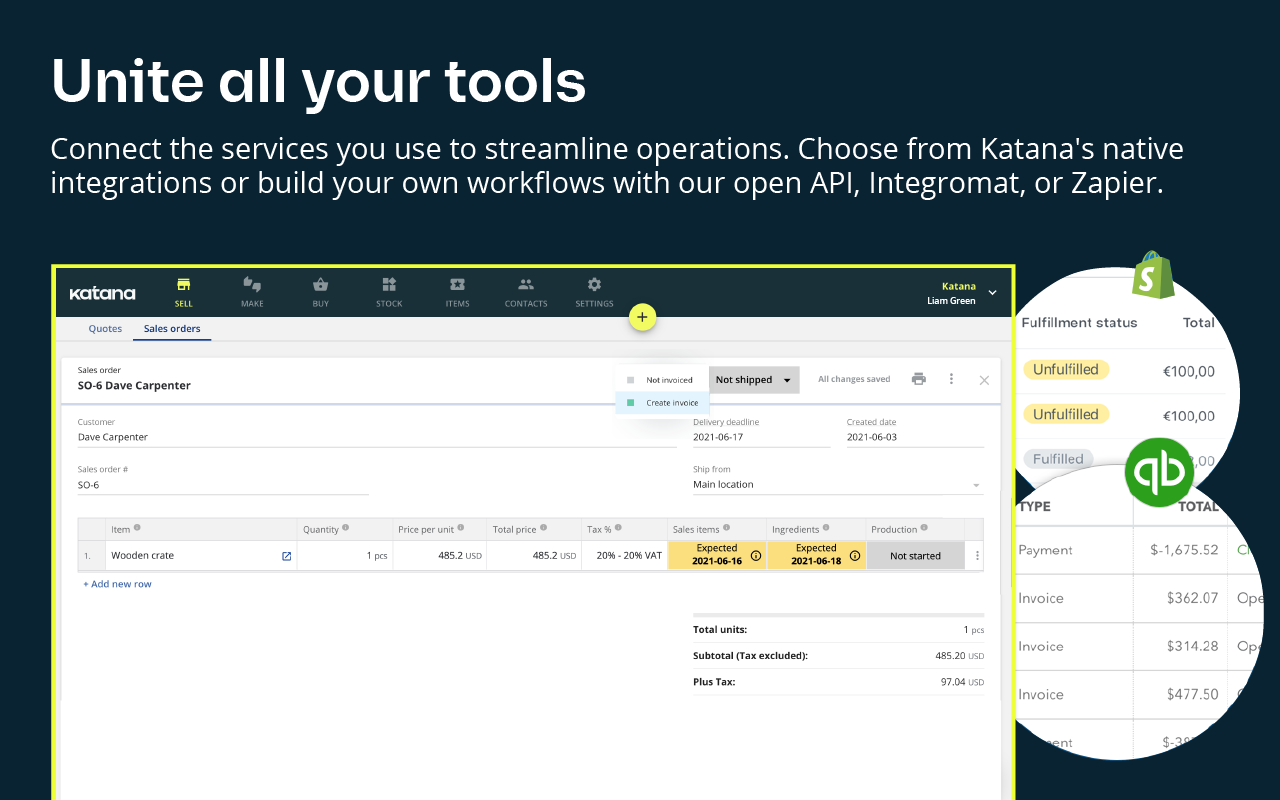 Katana Cloud Manufacturing Software - Many integrations streamline manufacturing operations including Quickbooks, Shopify, and Xero