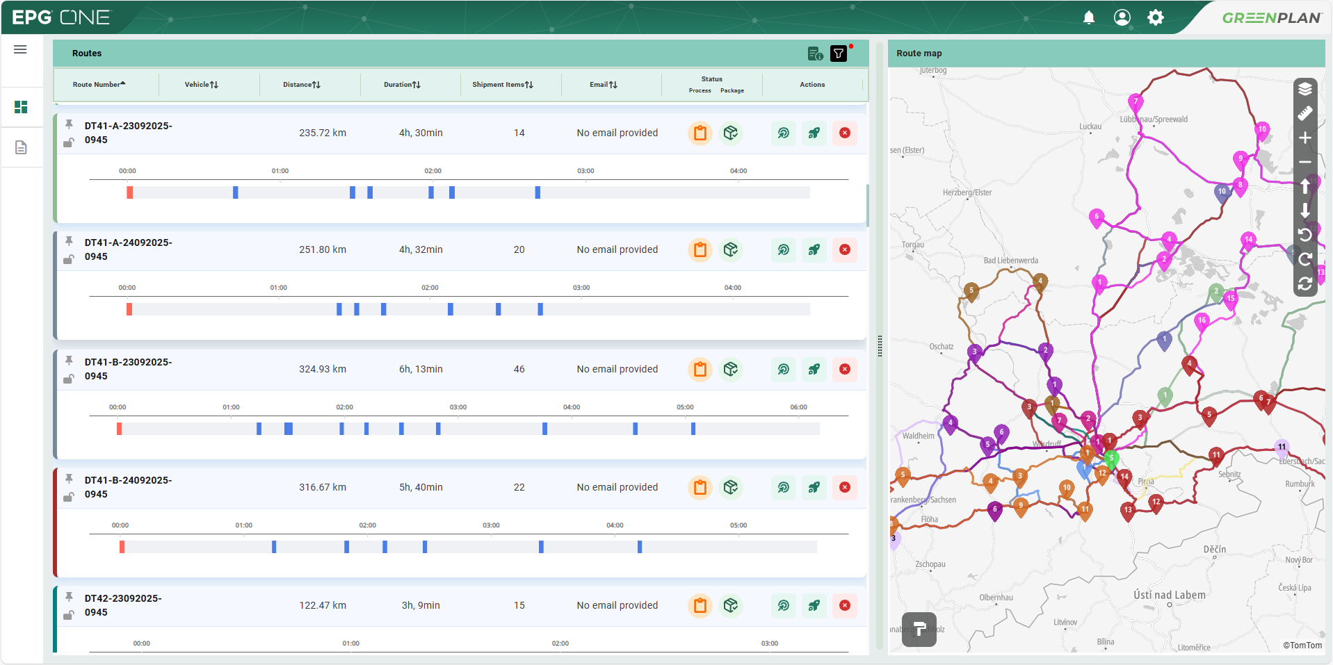 EPG Greenplan screenshot: Greenplan's software provides a detailed view of each route, visualizing assigned orders and stop sequences for individual vehicles and drivers. Dispatchers can add new orders or rearrange deliveries using drag-and-drop.
