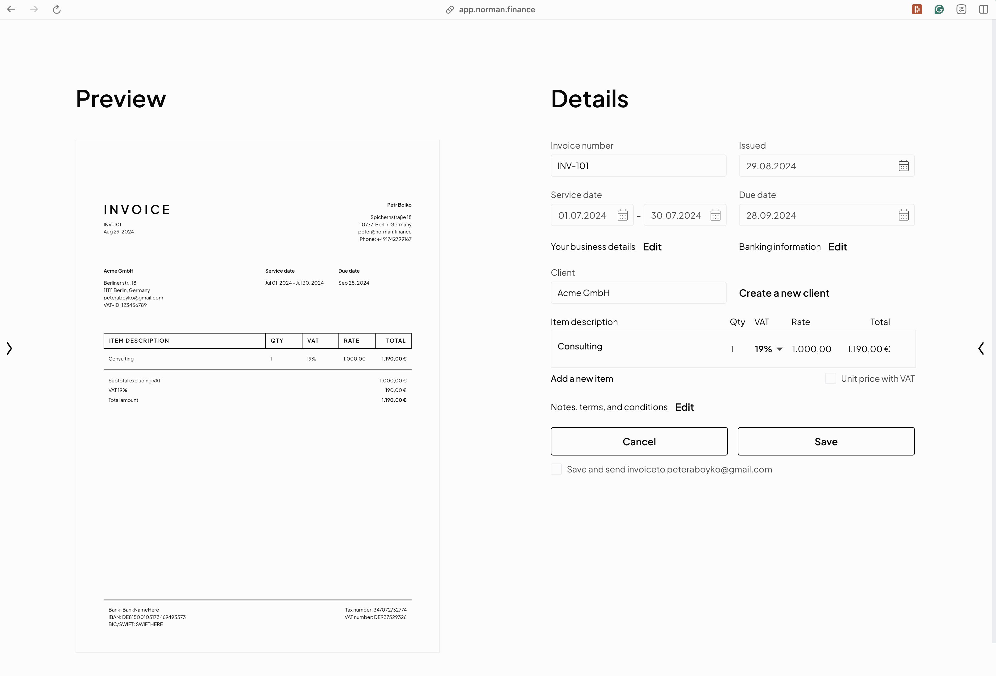 Norman screenshot: Norman e-invoice creation