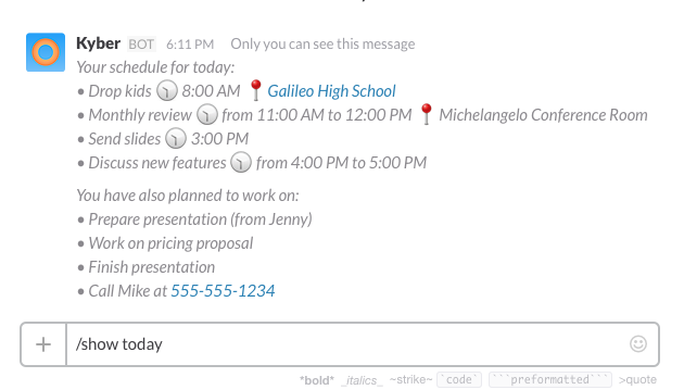 Kyber screenshot: Calendars, reminders, to-dos natively on Slack via Kyber