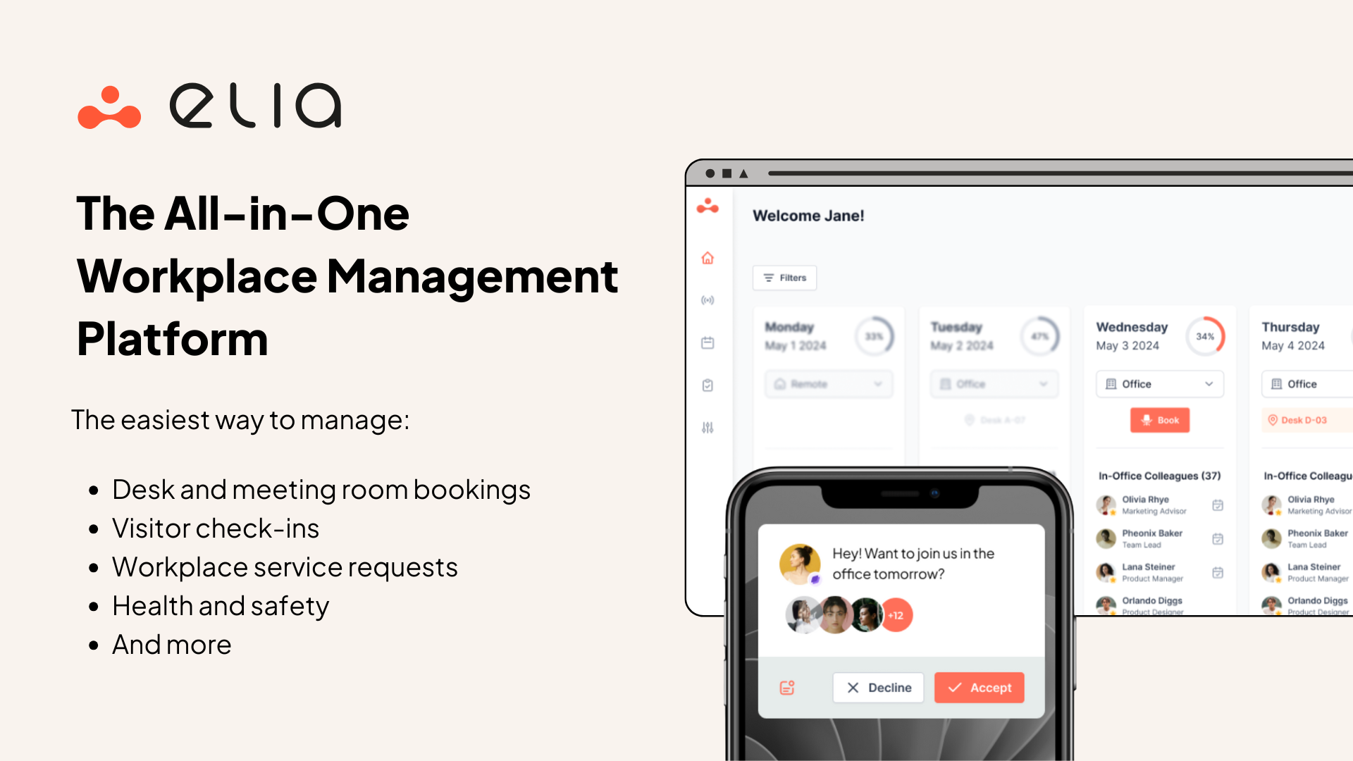 elia screenshot: Manage desks, rooms, visitors, service requests, and more—all from one intuitive platform. elia simplifies everyday office operations, so teams can focus on what matters most.