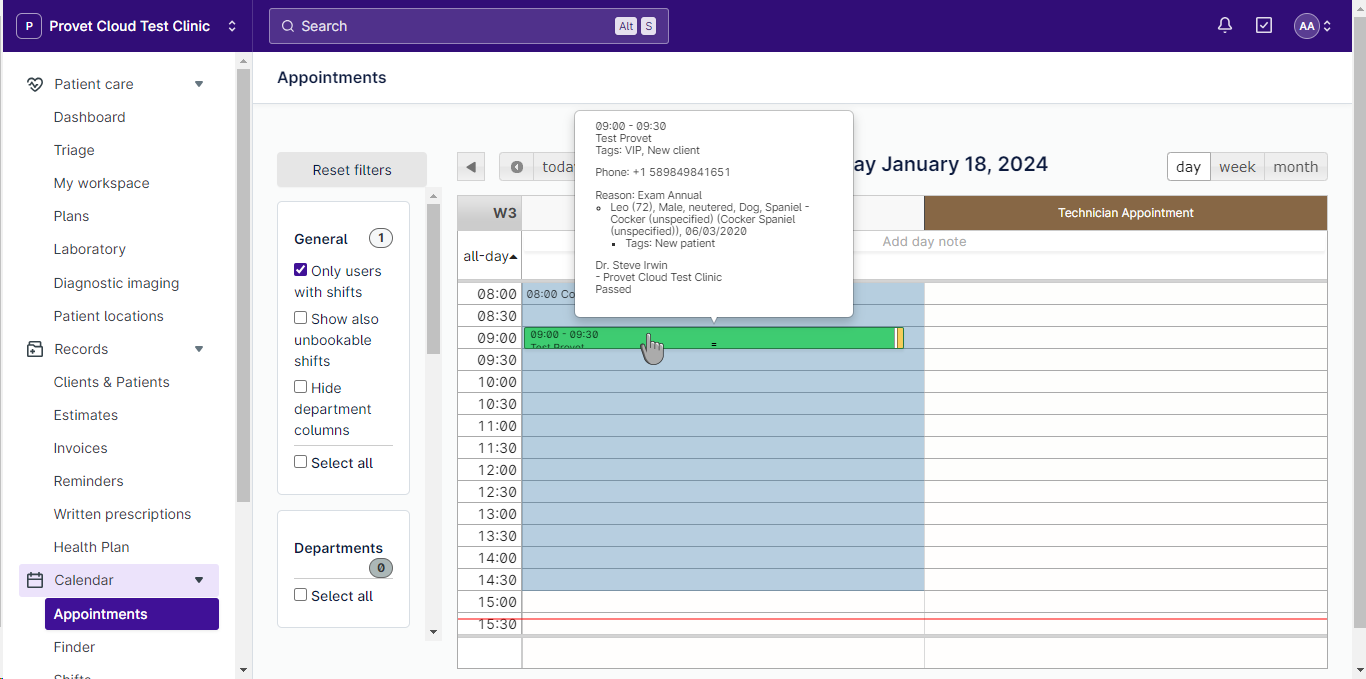 Provet Cloud Software - Appointments page