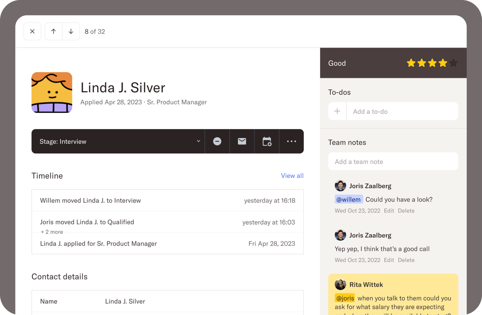 Clear candidate profiles: all the candidate's info, emails and reviews are all neatly organized in a clear overview.