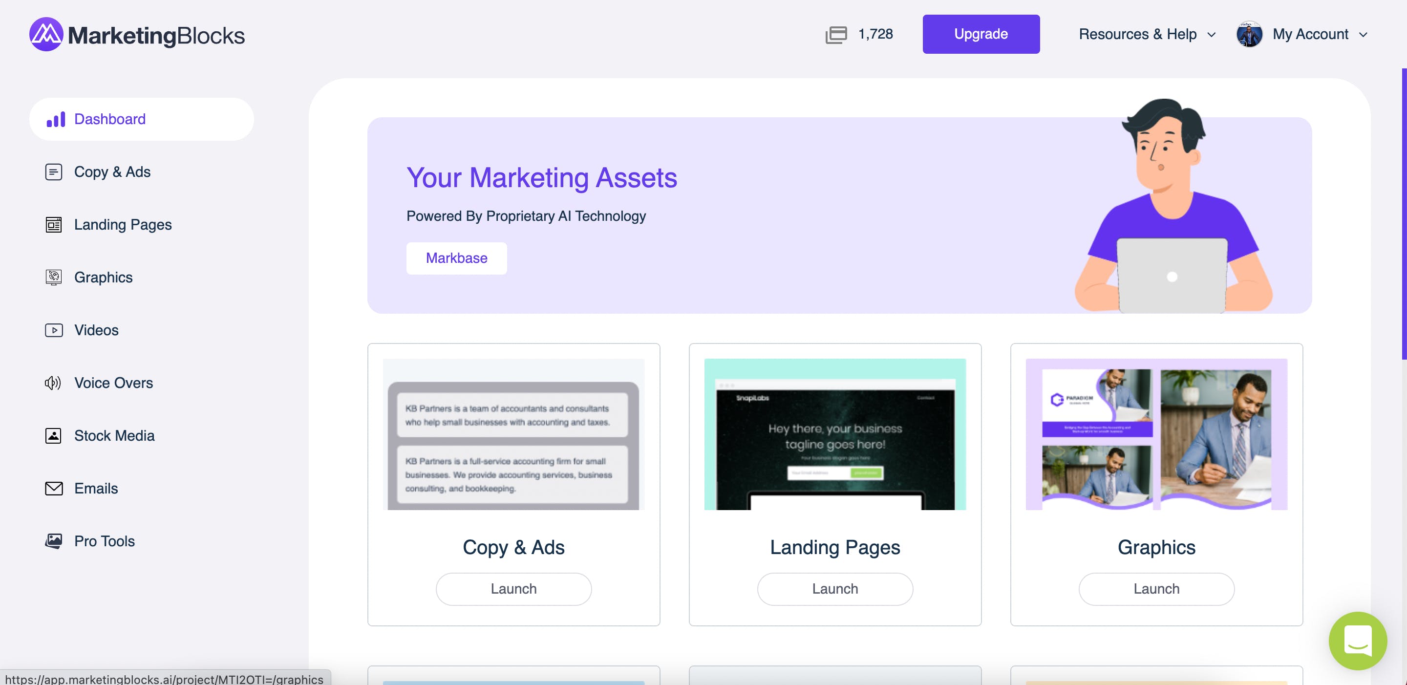 Project Dashboard - Let AI create all your marketing assets in minutes - landing pages, marketing copy, promo videos, ads, graphics, email swipes, voiceovers, blog posts, art & more.