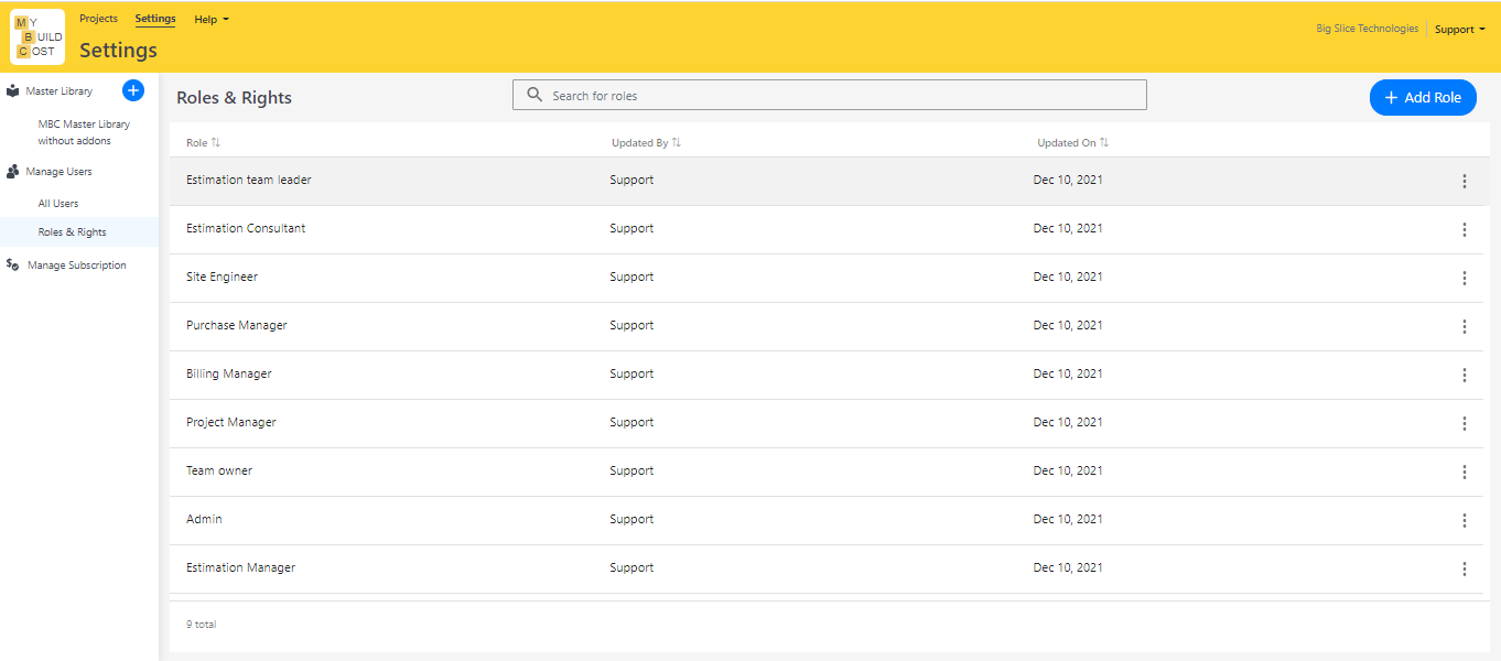 My Build Cost Software - Role-based access to onboard multiple custodians for one project.