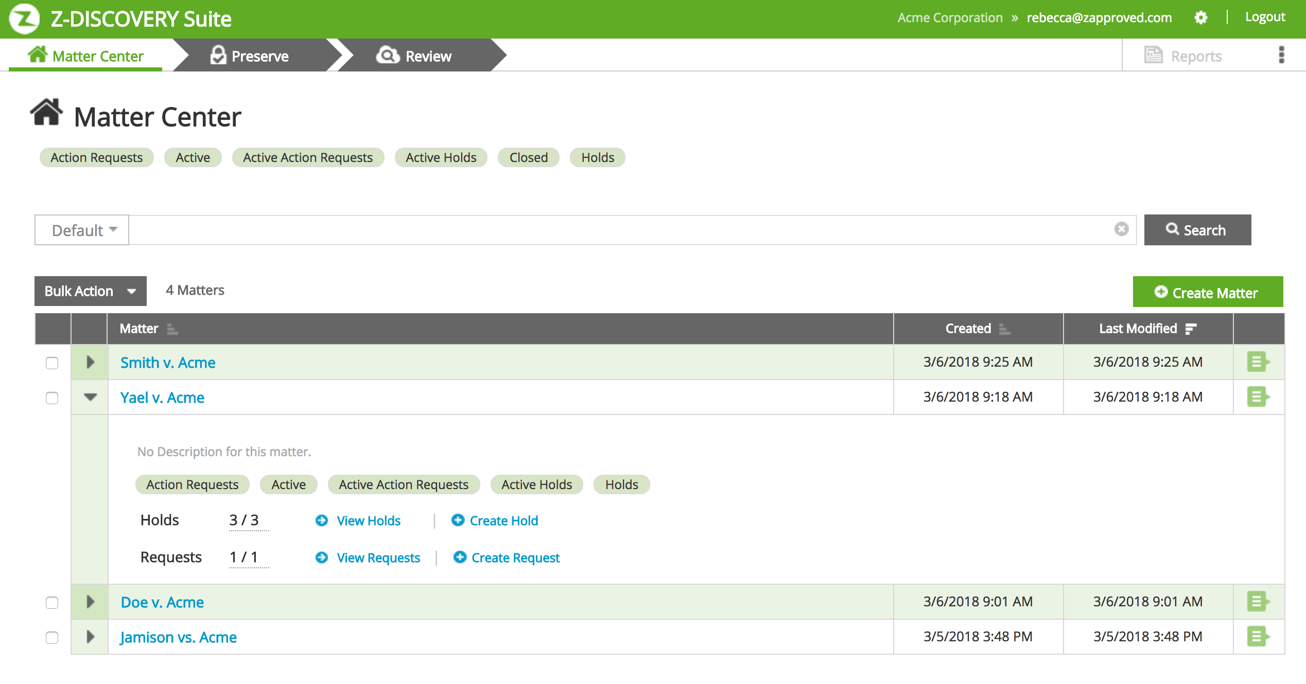 ZDiscovery screenshot: Manage litigation matters in a secure, online system.