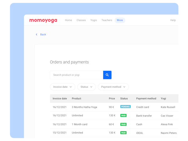 Momoyoga Software - Momoyoga Orders and Payments Overview