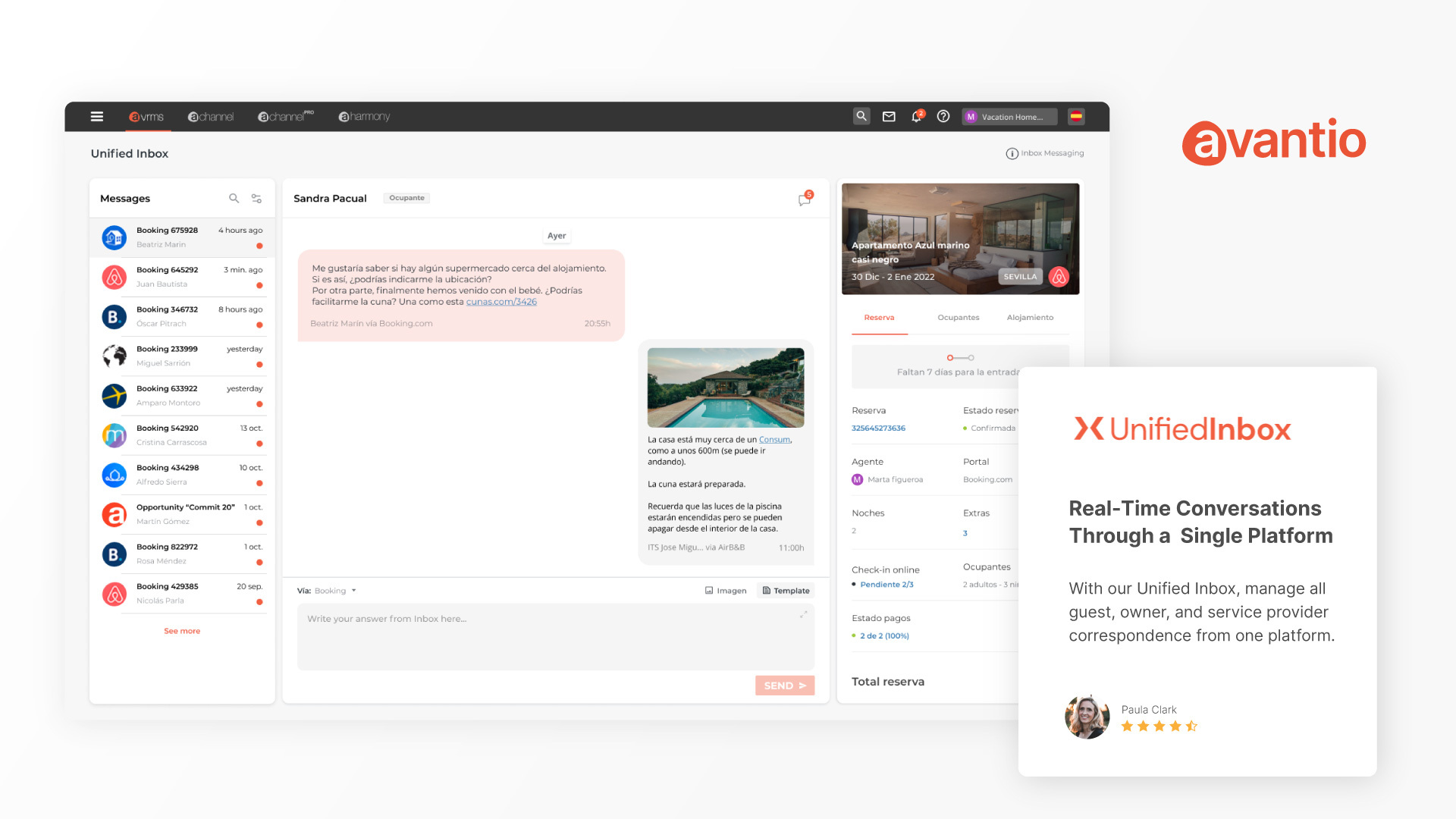 Optimize your business communication with our Unified Inbox, allowing you to quickly respond to guests, suppliers, and owners. Easily find messages associated with your bookings by filtering by the reservation number, date or status.