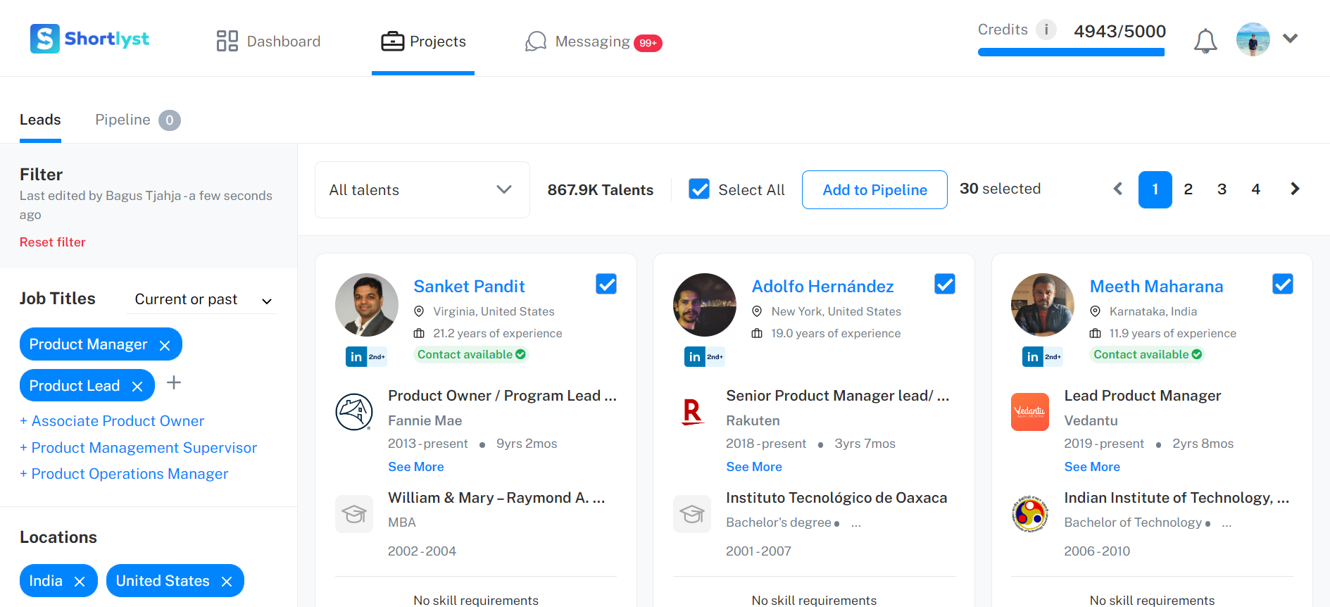 Shortlyst screenshot: Get instant recommendation on candidates with Shortlyst talent search engine. Smart filters will provide suggested inputs to fine-tune your search results. Easily shortlist suitable candidates and move them into your pipeline.