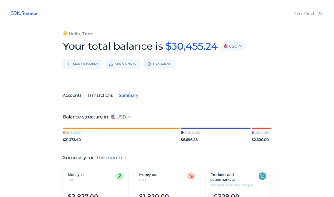 SDK.finance screenshot: SDK.finance balance summary