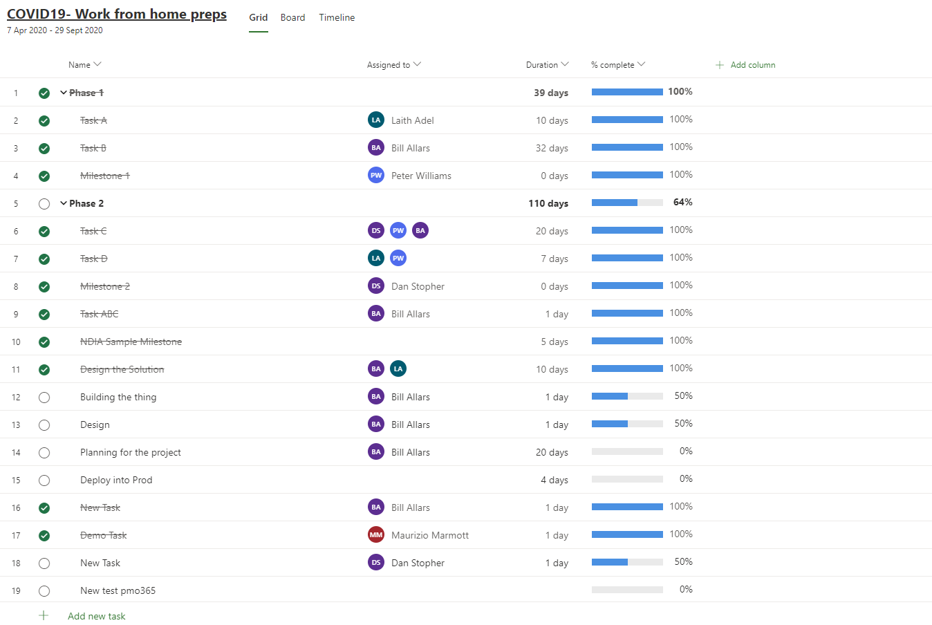 pmo365 screenshot: pmo365 grid view