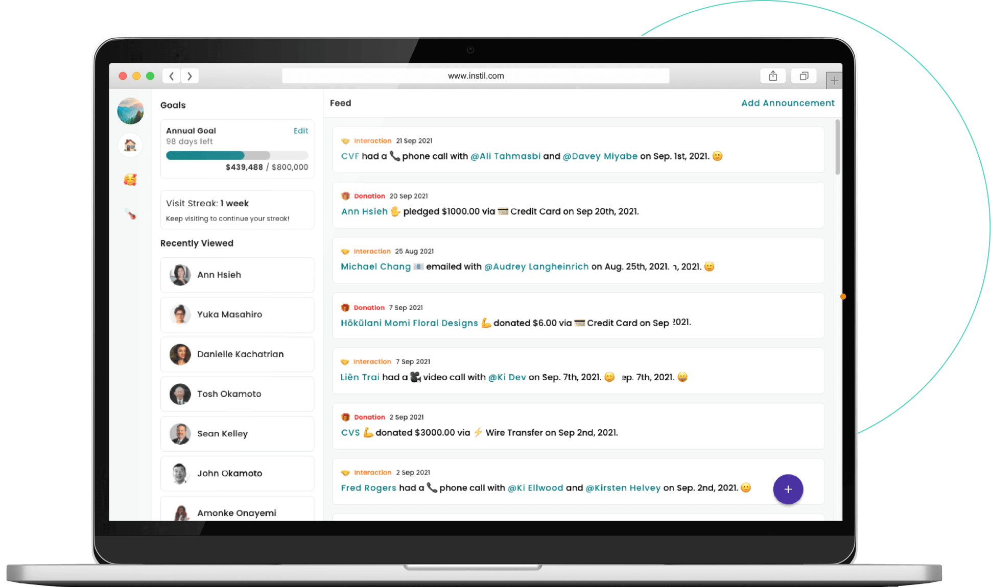 Instil's activity feed keeps you up-to-date on all of your organization's activities and supporter interactions.