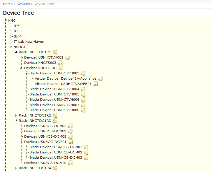 Itemize and view all devices within a rack with an expandable hierarchical device tree
