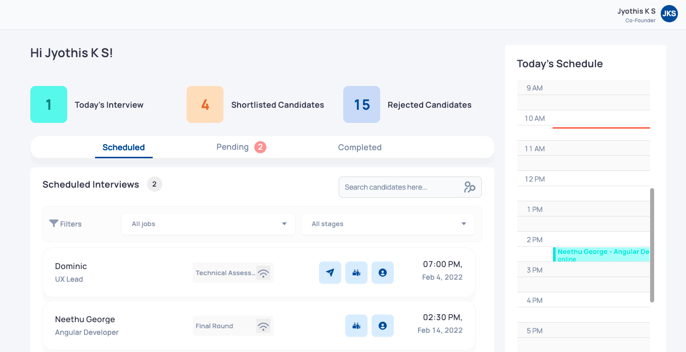 One-stop dashboard to assess which stage each candidate is at in the recruitment journey prior to their onboarding process. What's more? View candidate's detailed profile, see interviewer feedback, and more.