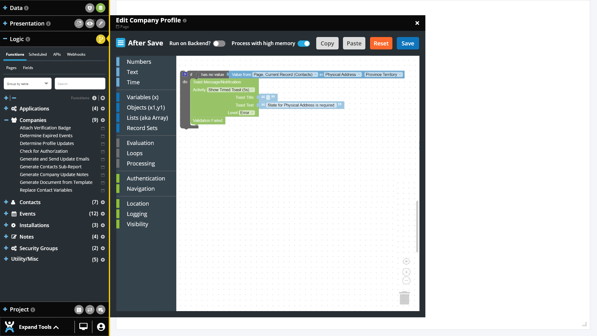 Screenshot of how to build a required workflow logic without code using the CitizenDeveloper platform tools.