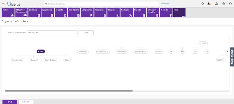 Icertis Contract screenshot: Intelligent Contract Setup- Org Unit