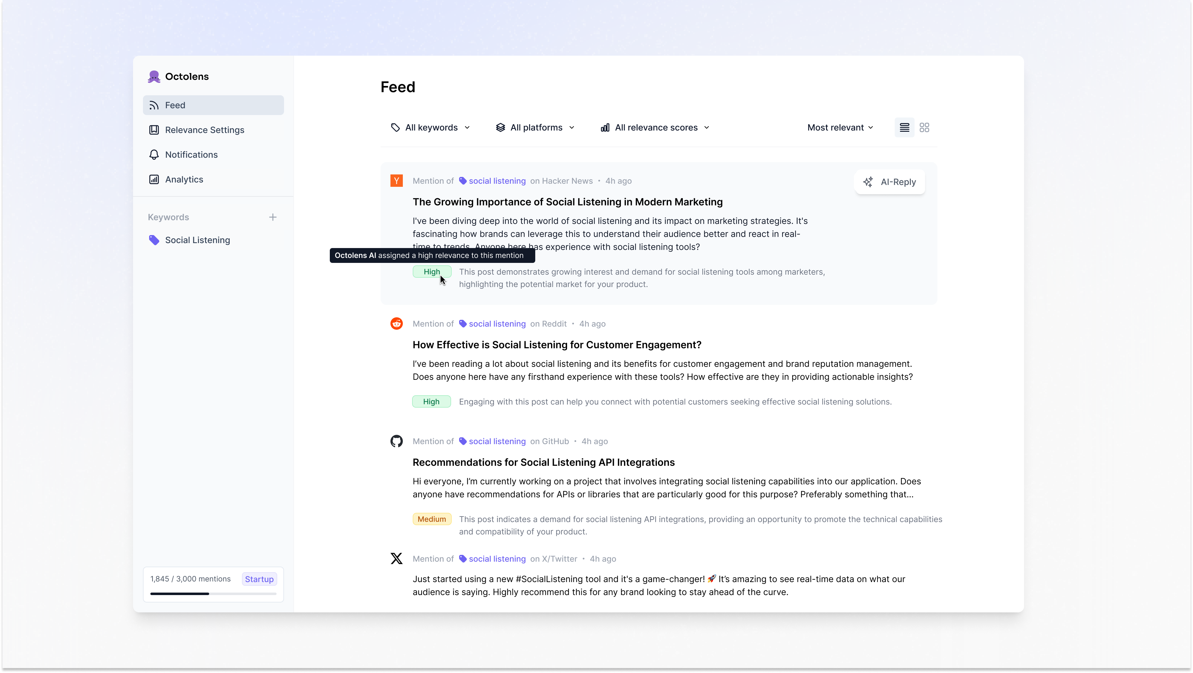 Octolens screenshot: Turn social mentions into customers - Track keywords related to your brand, competitor, pain point, or industry to find leads on socials. Ranked by AI.