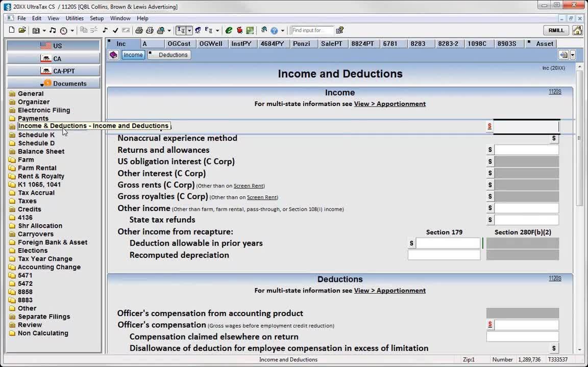 UltraTax CS income and deductions