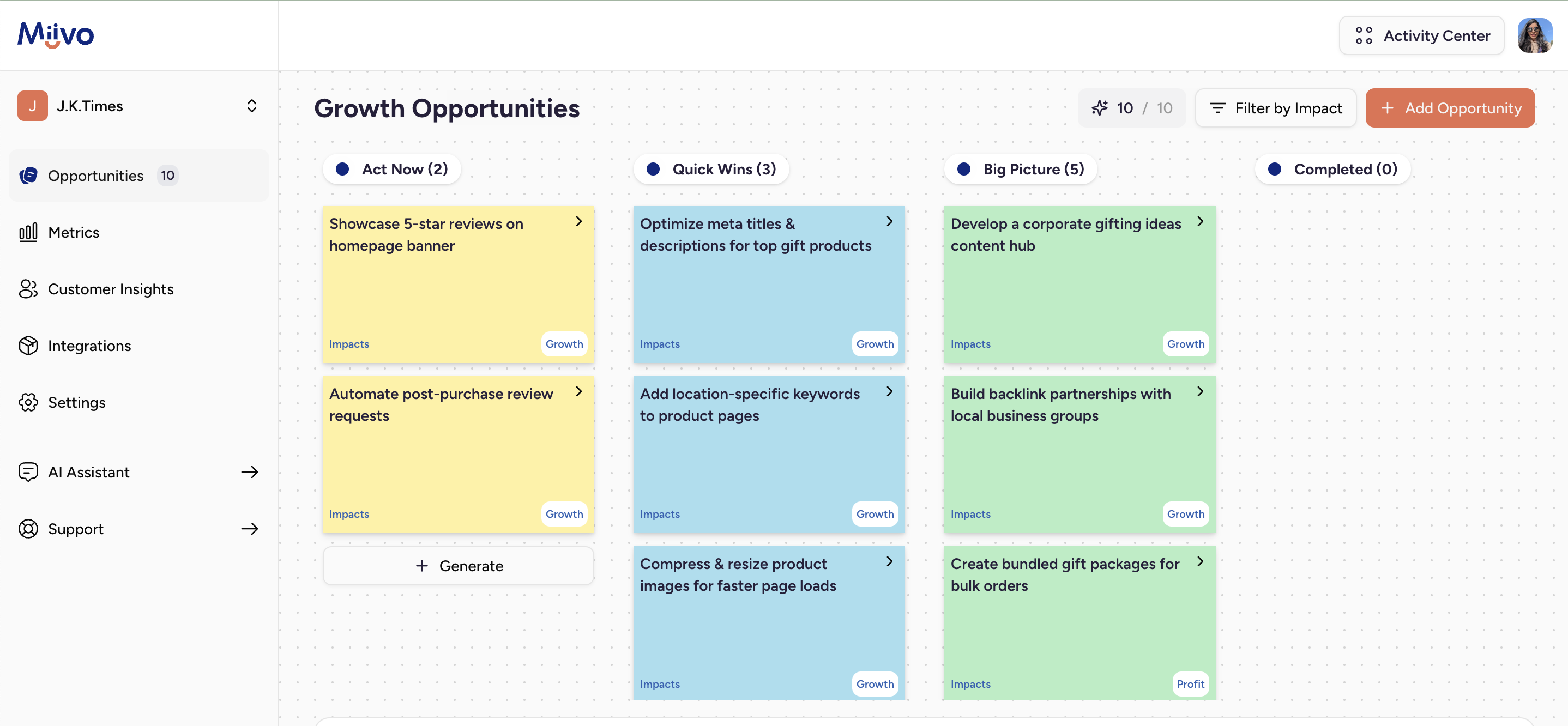 Miivo screenshot: Miivo actionable insights
