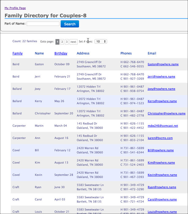 TouchPoint includes a full searchable directory of all church members, including their birthdays and contact details