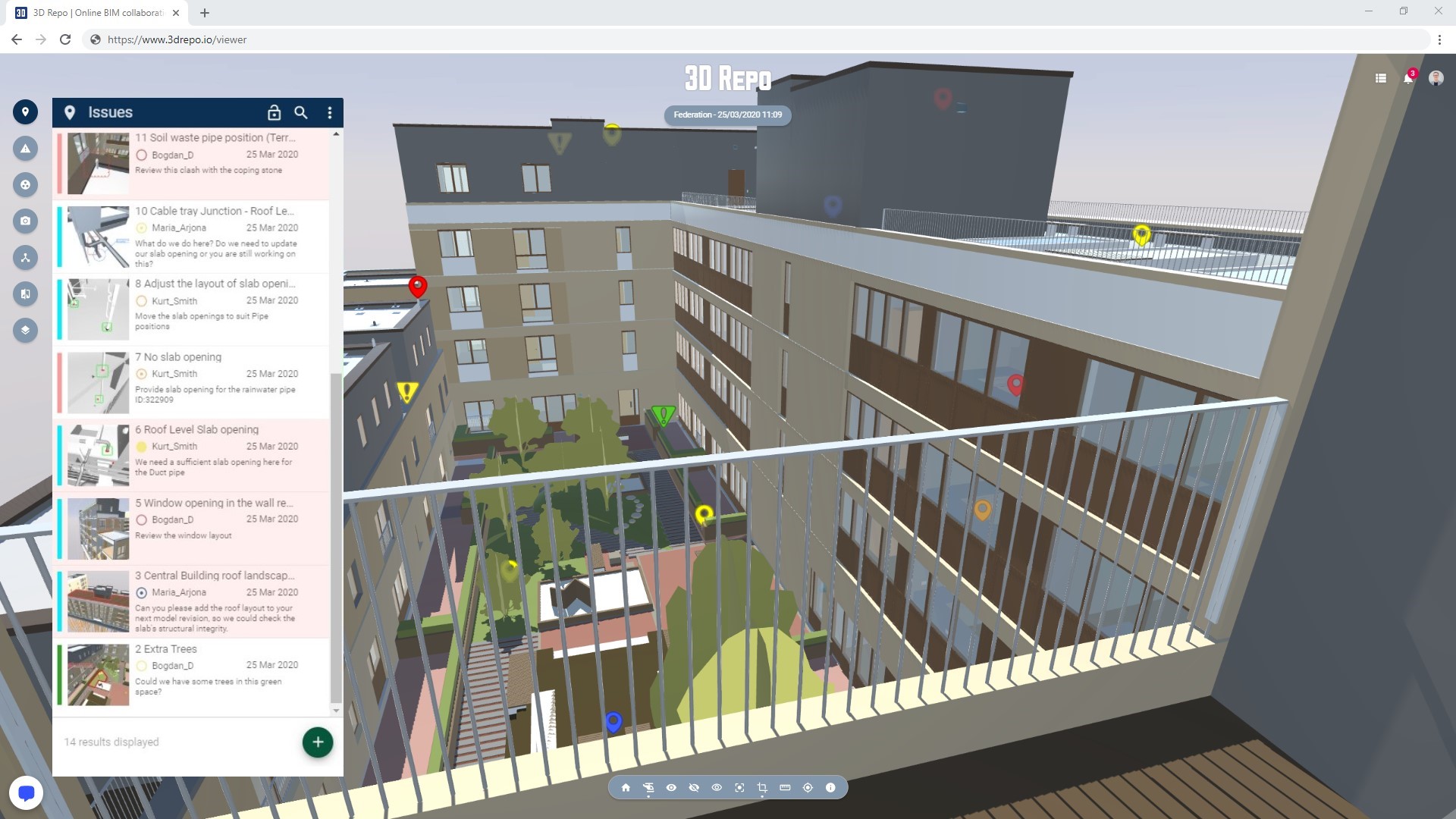 3D Repo screenshot: Record 3D pins to identify issues and assign them to various parties on the project for streamlined project management with the Issue Tracker.  Issues are highlighted with a colour, specific to the party that it has been assigned to.