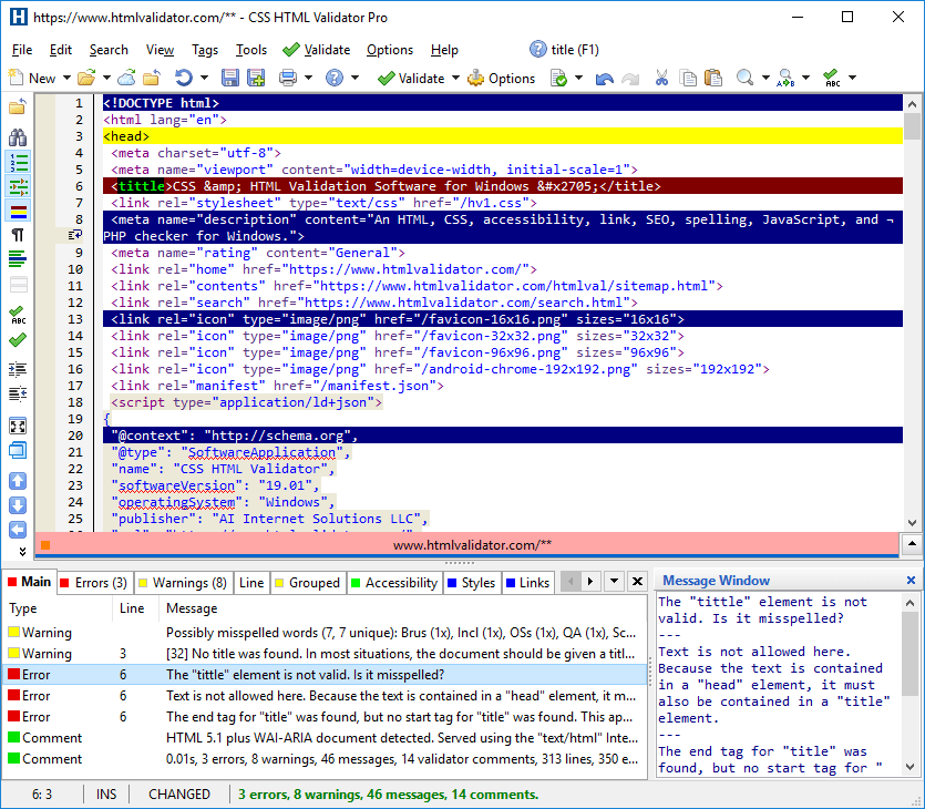 CSS HTML Validator Software - CSS HTML Validator showing HTML source and highlighting the lines with warnings and errors. The validator messages are shown at the bottom.