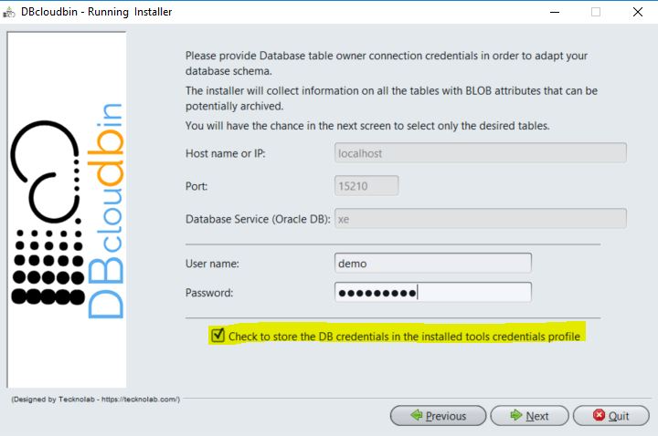 DBcloudbin Software - DBcloudbin connection credentials