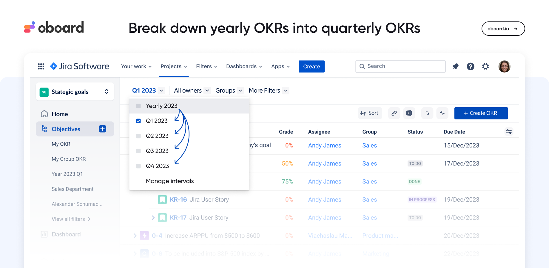 Set Yearly strategic company Jira OKRs, and break them down into Quarterly or Monthly tactical OKRs.