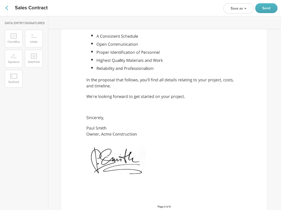 SignWell Software - SignWell Document Field Setup View