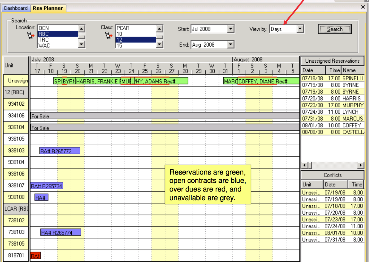 RentWorks Software - The reservation planner allows users to assign vehicles to reservations using a multi-colored chart.