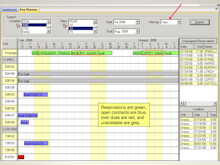 RentWorks Software - The reservation planner allows users to assign vehicles to reservations using a multi-colored chart.