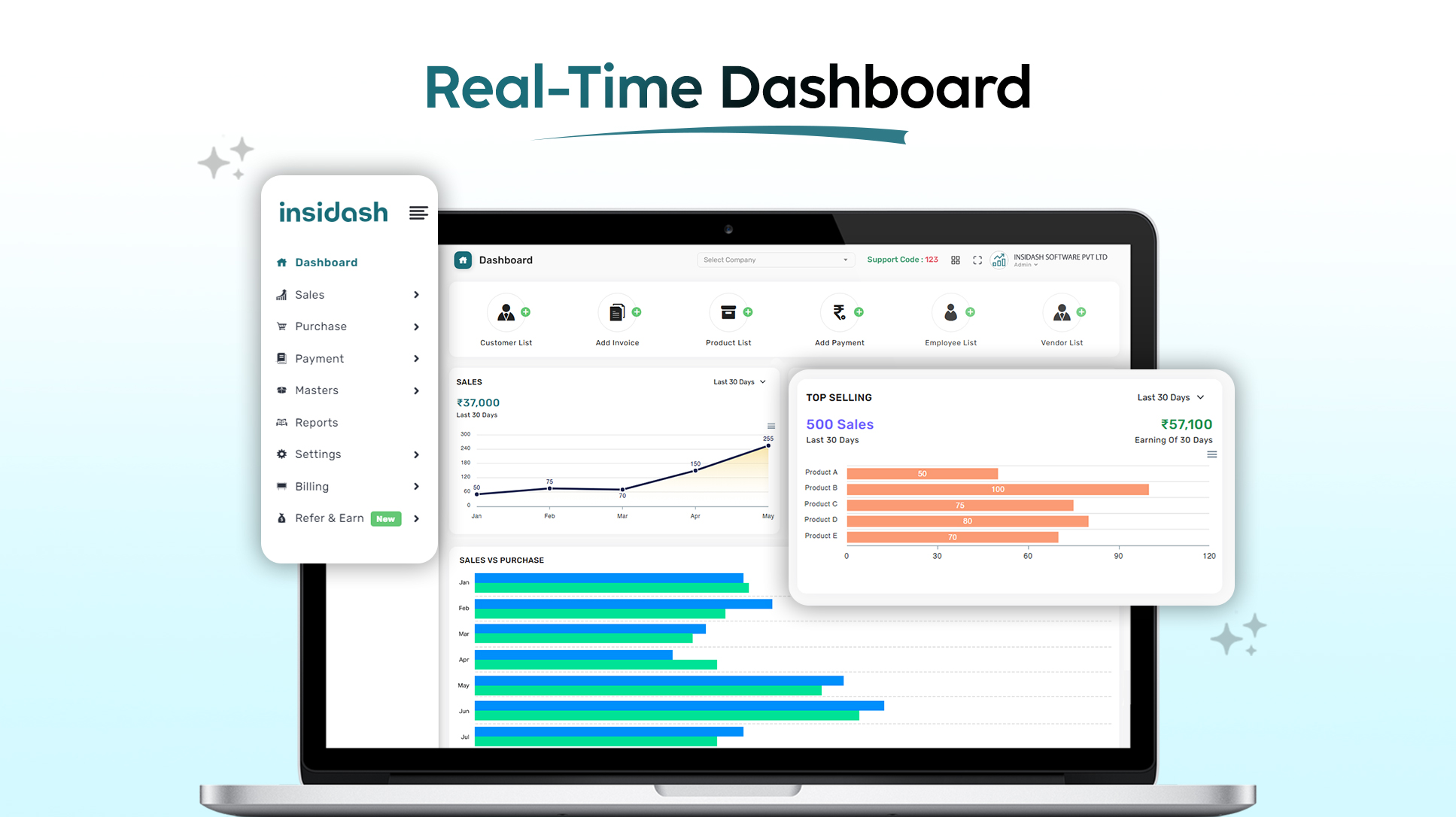Insidash screenshot: A dashboard displaying real-time business analytics, charts, and key performance indicators to help monitor business insights at a glance.