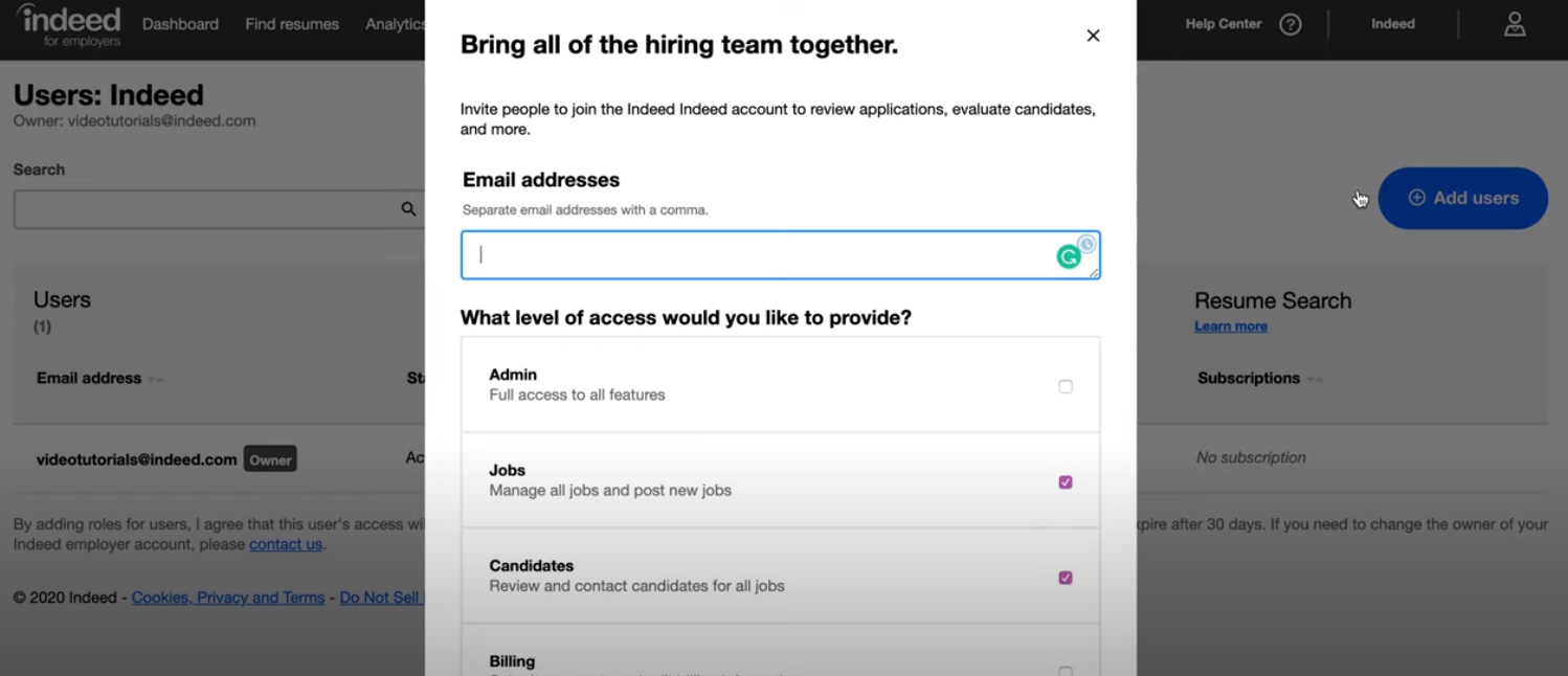 Indeed for employers adding users
