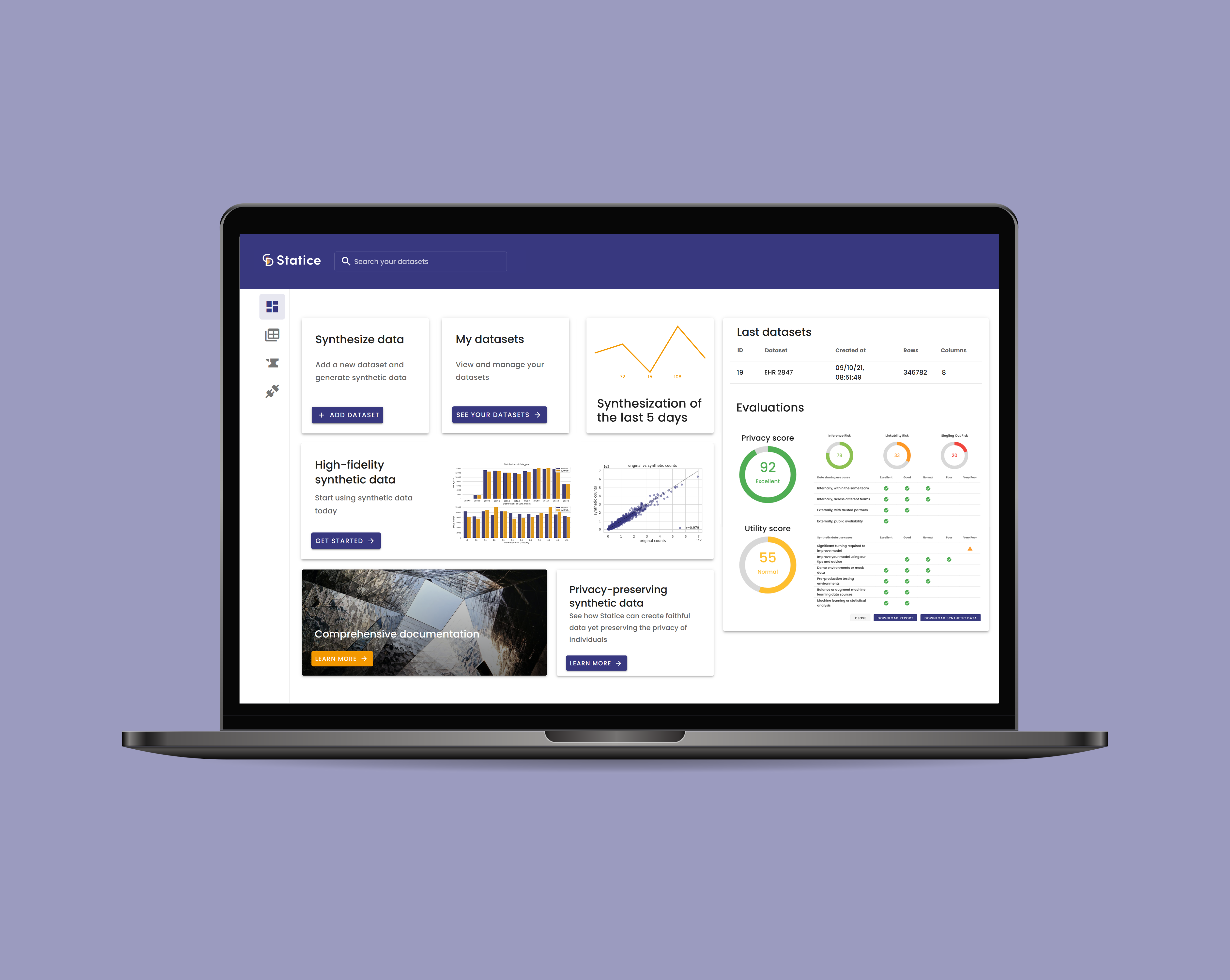 Statice screenshot: Statice synthetic data software