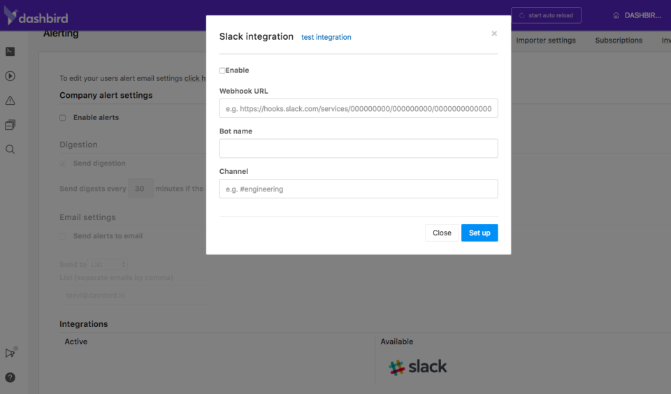 Dashbird Software - Slack intergration